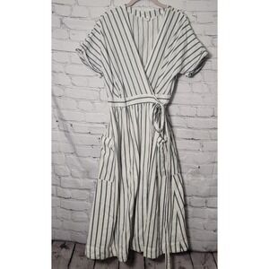 Gap Womens Blue White Striped Cotton Linen Wrap Dress Pockets 12 Cottagecore